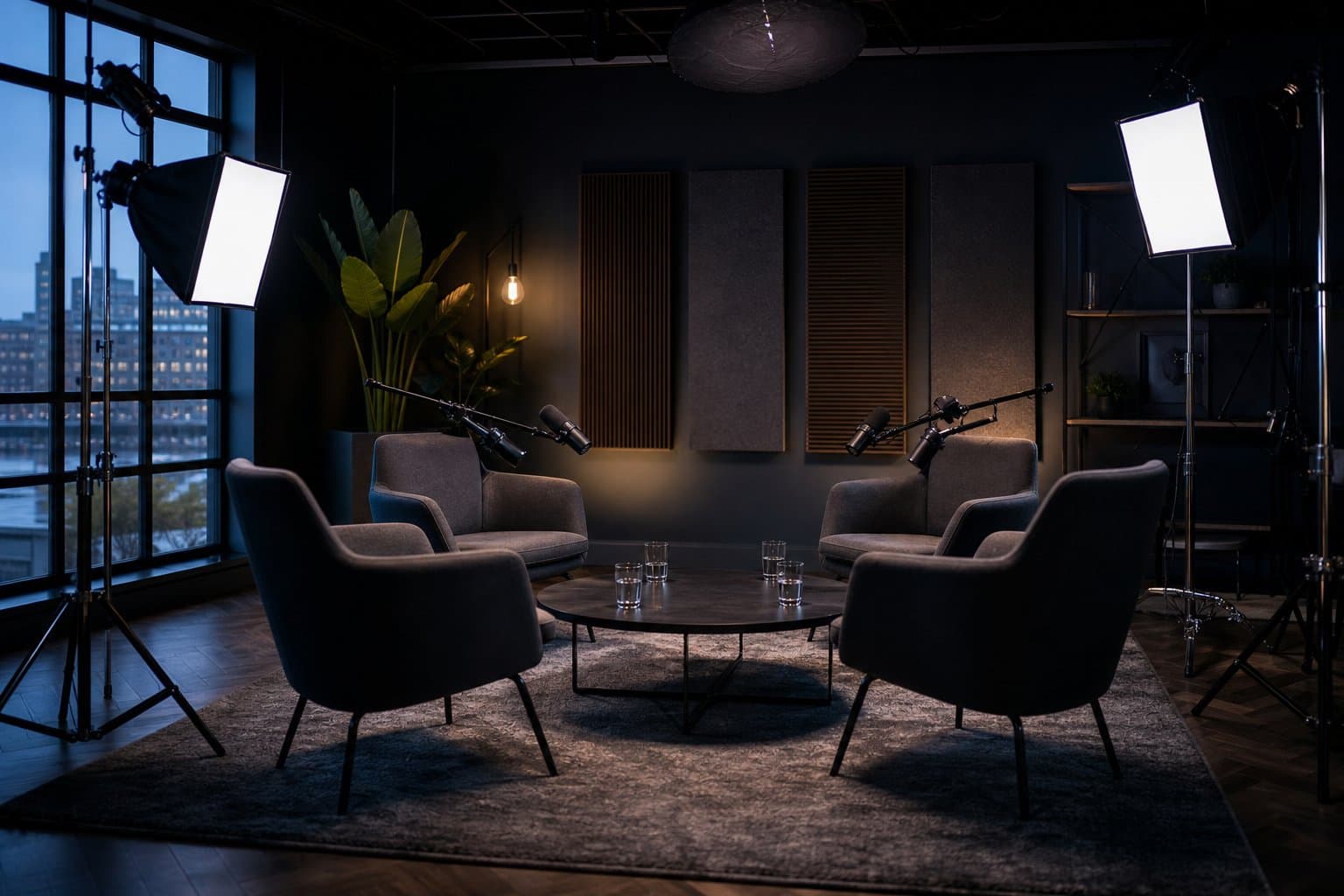 Roundtable podcast set with boom microphones