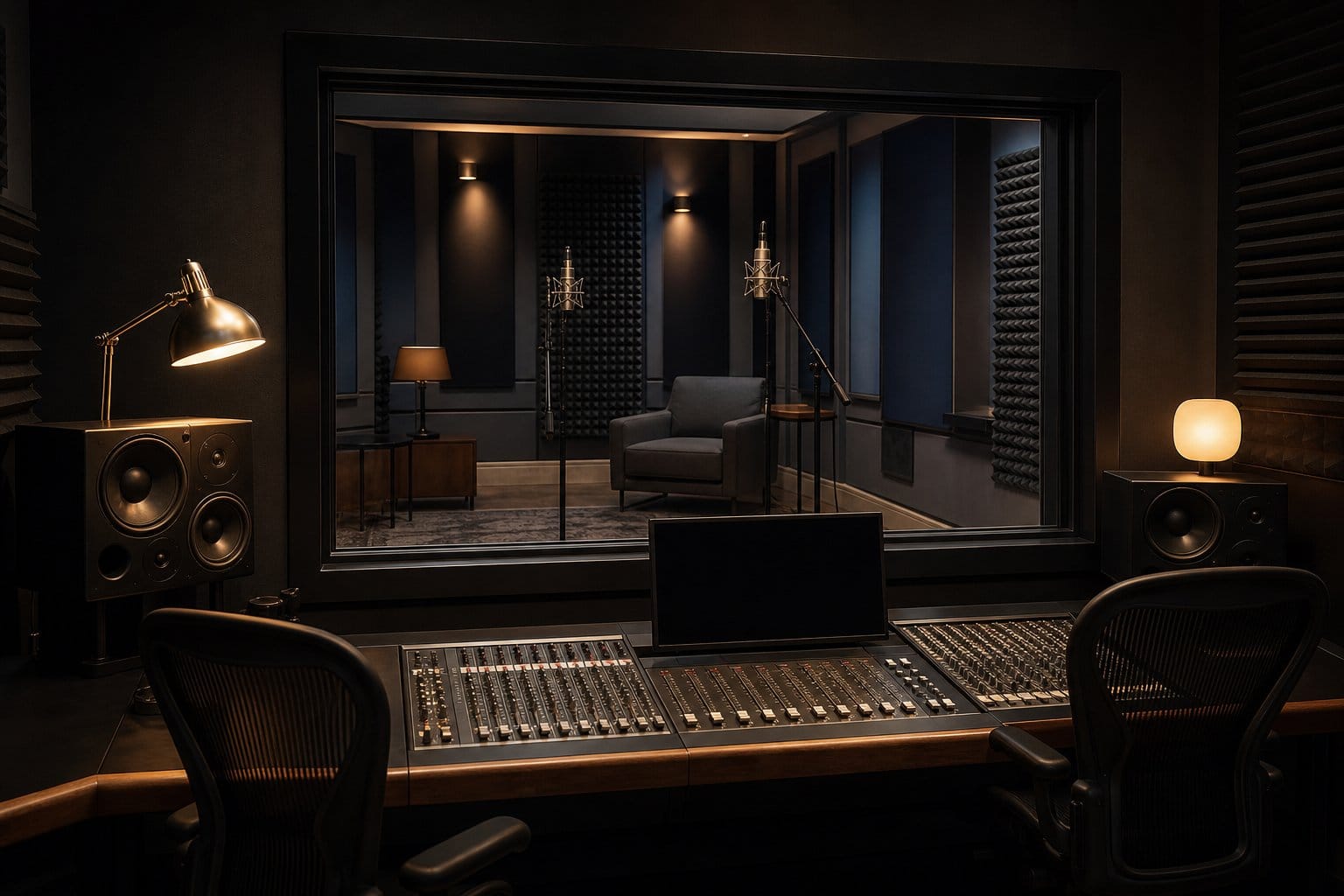 Atmospheric control room looking into an empty vocal booth