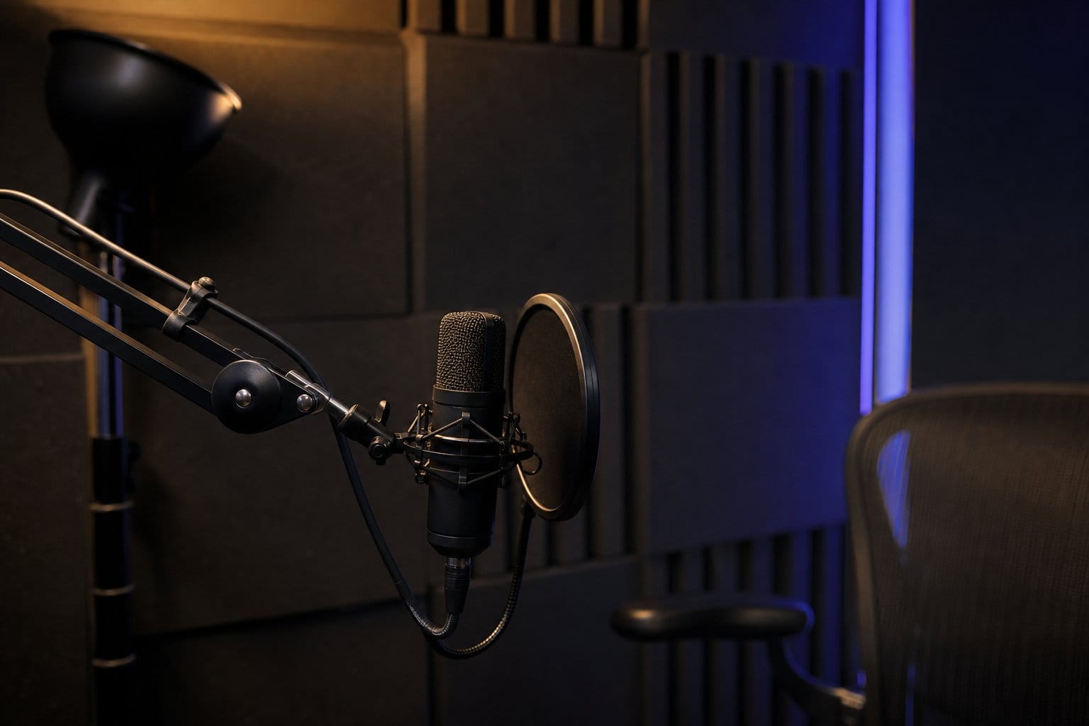 Vocal booth microphone detail in warm practical light