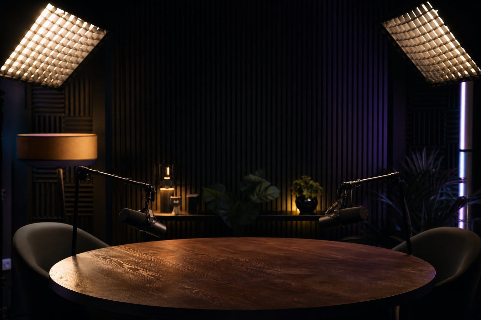Empty softbox-lit podcast set with boom microphones